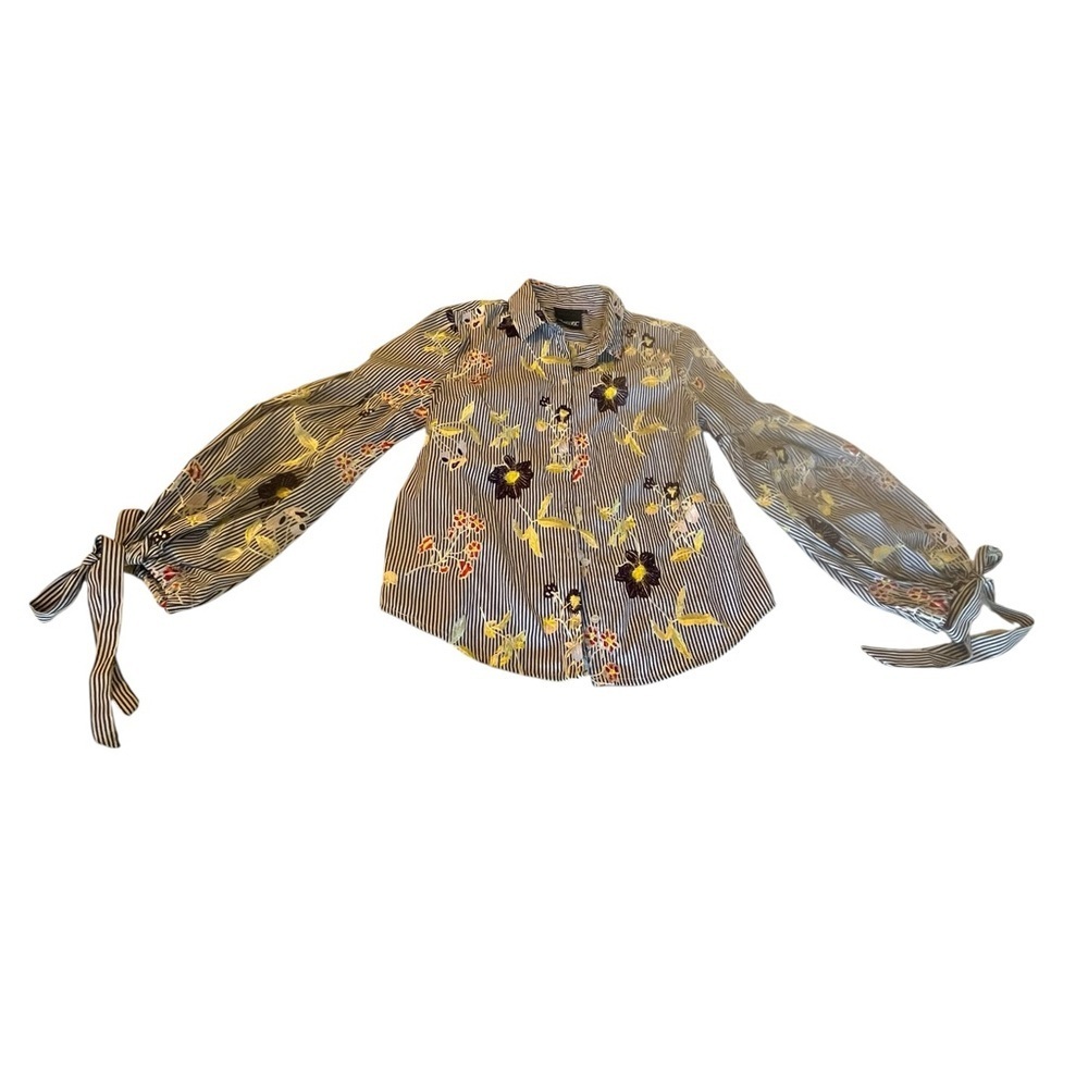 Nanette Lepore Embroidered Floral Stripe Balloon Sleeve Blouse Medium Boho - Picture 3 of 9